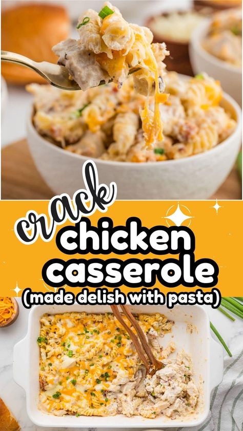 When you're craving comfort food, this Crack Chicken Casserole recipe will definitely hit the spot! With tender chicken, crispy bacon, and pasta tossed in a creamy, ranch-seasoned sauce, it's the kind of dinner that'll have the whole family coming back for seconds. Cracked Out Chicken Casserole, Ranch Sauce, Salad Recipes Lunch, Chicken Casserole Recipe, Chicken Bacon Ranch Pasta, Chicken Casseroles, Spiral Pasta, Chicken Crispy, Oven Chicken Recipes