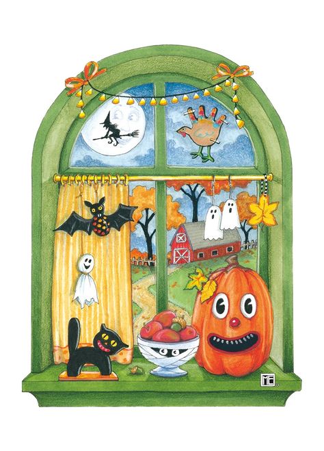 "Halloween Window" • © Mary Engelbreit, Saint Louis Missouri Artist • www.maryengelbreit.com • @maryengelbreit on Instagram Mary Engelbreit Halloween, College Canvas Art, Easter Window, All About Me Art, Window Christmas, Saint Louis Missouri, Calendar Craft, Spooky Art, Halloween Window