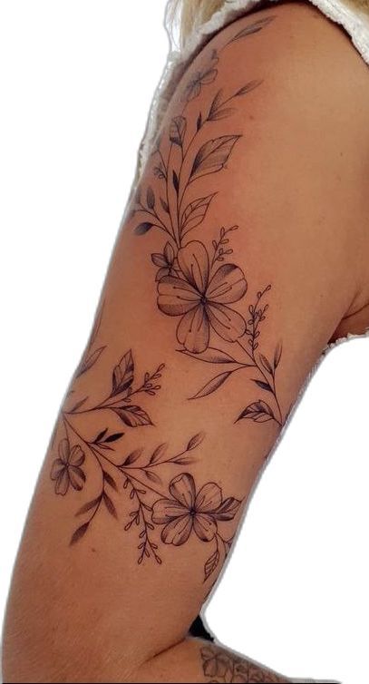 Vine Around Shoulder Tattoo, Floral Tattoo Design Bicep, Womens Tattoos Feminine, Shoulder Template Tattoo, Shoulder Cap Sleeve Tattoo, Flower Vine Sleeve Tattoos For Women, Women Tattoos Inner Arm, Pretty Bicep Tattoos For Women, Arm Tattoos For Women Dainty