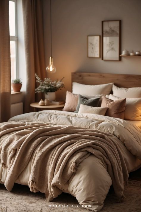 Cozy bedroom with a neatly made bed, beige and white bedding, and soft lighting. Decor includes plants and framed pictures on the wall. Maybe Bedroom Ideas, Aesthetic Room Decor For Couples, Autumn Bedroom Ideas Cozy, Cozy Bed Decor Ideas, Muslin Bedding Ideas, Cozy Bedroom Rustic, Small Master Bedrooms With King Bed Cozy, Moody Bedrooms Romantic, Chic Cozy Bedroom