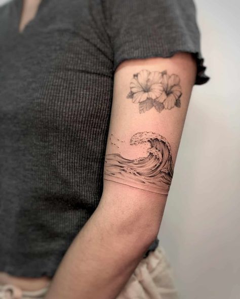 Waves Geometric Tattoo, Wave Around Arm Tattoo, Water Armband Tattoo, Waves Band Tattoo, Cloud Tattoo Design Backgrounds, Realistic Wave Tattoo, Cloud Sleeve, Water Tattoos, Ocean Wave Tattoo