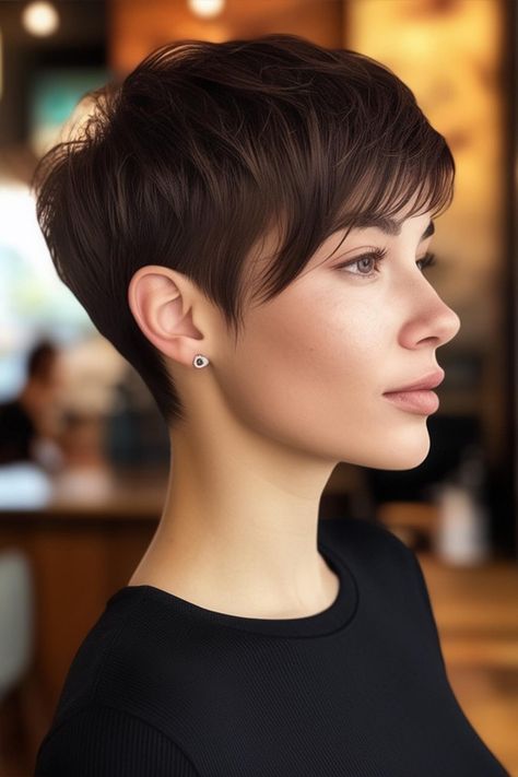 Sleek Tapered Pixie, youthful short haircut, pixie haircuts Pixie Haircut For Straight Thick Hair, Short Haircut Pixie, Pixie Short Hairstyle Women, Feminine Pixie Haircut Straight Hair, Pixie Haircut Emma Watson, Short Girl Haircut, Pixie Back View, Bixie Haircut Girl Straight Hair, Short Hair Back View