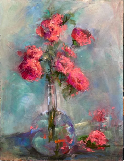 Impressionist Painting of Pink flowers in a transparent vase I started this painting in acrylic, but as I worked, I thought it could use more color so I began to add pastel to get the brilliant texture of the flowers and the reflections of the transparent vase. It is now a "mixed media" painting. I am selling it unframed, but it will need to be framed in order to preserve the delicate pastel works. I can be framed directly under glass or matted if you prefer.  The painting is on canvas attached to a hardboard panel 1/8" thick with additional layers of pastel. Title: Anniversary Flower Bouquet Size: 14" x 18" x 1/8" Original Acrylic and pastel painting on canvas and hardboard panel.  You are purchasing a one of a kind, original artwork directly from the artist. Shipping cost includes profes Flower Collage Painting, Pink Flowers In A Vase, Intermediate Painting, Painting Of Roses, Transparent Vase, Pastels Art, Floral Art Paintings, Pan Pastels, Painting In Acrylic