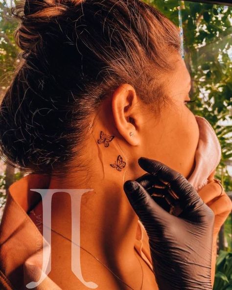 Elegant Butterfly Tattoo, Butterfly Tattoo Design, Behind Ear Tattoos, Girl Neck Tattoos, Ear Tattoos, Neck Tattoos Women, Neck Tattoos, Dope Tattoos For Women, Stylist Tattoos