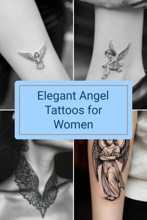 Angel tattoos for women represent beauty and spirituality. If you're considering adding a meaningful design to your collection, take a look at these amazing angel tattoo ideas. From delicate wing designs to bold images, angel tattoos come in various styles, each capturing intricate details and deep significance. Discover how each design can reflect personal beliefs or memories, making it a unique piece of body art. Ideal for those looking for elegant tattoos that hold special meanings, these designs will provide inspiration for your next tattoo choice. Delicate Angel Tattoo, Angel Wings Tattoo On Back Women, Elegant Tattoos For Women Unique, Angel Feather Tattoo, Coquette Tattoo Ideas, Angel Wings Tattoo Shoulder, Angel Tattoos For Women, Angel Tattoo Ideas, Angel Wings Tattoo On Back