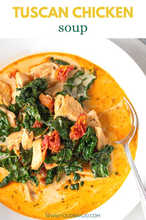 soup with kale and chicken in a white bowl with a spoon Chicken Tuscan Soup, Tuscan Chicken Stew, Easy Tuscan Chicken, Chicken And Kale Recipes, Tuscan Chicken Soup, Chicken Kale Soup, Sundried Tomato Chicken, Chicken Stew Recipe, Tuscan Kale