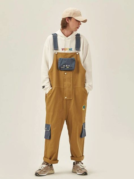 Extended Sizes Men Letter Graphic Hoodie & Cartoon Embroidery Denim Overall | SHEIN Oversized Dungarees Outfit, Jumpsuit Outfit Men, Overall Outfit Ideas, Interesting Dress, Stylish Overalls, Men In Overalls, Overall Men, Dungaree Outfit, Men Overall