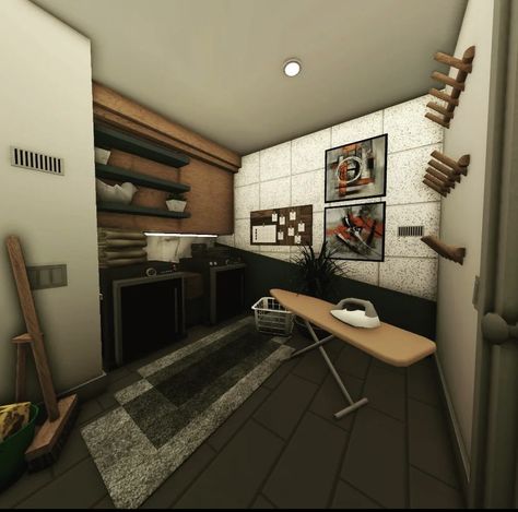 Bloxburg Interior House Ideas, Bloxburg Rustic Interior, Bloxburg Garage Ideas Realistic, Grunge Bloxburg Room, Industrial Bloxburg House, Bloxburg Landuary Room, Basement Ideas Bloxburg, Bloxburg Garage Ideas Interior, Bloxburg Dark Academia House