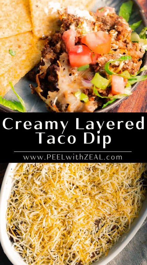 Indulge in this creamy and irresistible taco dip, featuring layers of beef, beans, cheese, and all your favorite taco flavors. Perfect for pleasing a crowd at game day gatherings or potlucks, this easy taco dip with ground beef takes just 10 minutes of prep time and comes together in under 30 minutes. Taco Dip Layered, Taco Dip Recipe With Ground Beef, Ground Beef And Cream Cheese, Taco Dip With Ground Beef, Beef Taco Dip, Ground Beef Taco Dip, Taco Bean Dip, Dip With Ground Beef, Recipe For Ground Beef