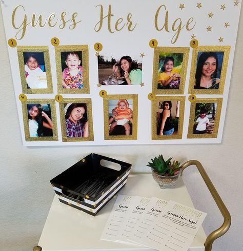 Guess her age bridal shower game. Guess Age Bridal Shower Game, Bridal Shower Game Guess The Age, Guess Her Age Bridal Shower Game, Bridal Shower Picture Board, Guess The Age Game, Guess Brides Age Game, Bridal Shower Guessing Game Jars, Surprise Party Ideas For Women, What Age Was The Bride Game