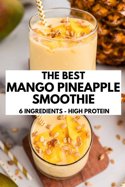 Mango pineapple smoothie is thick, creamy and so easy to make. This healthy pineapple smoothie is packed with protein and even has a serving of veggies. This tropical smoothie is perfect for breakfast or post workout meal. Smoothie Bites, Pineapple Protein Smoothie, Pineapple Mango Smoothie, Vanilla Protein Smoothie, Smoothie Bowls Recipe Easy, Protein Breakfast Smoothie, Clean Eating Smoothies, Healthy Smoothies For Kids, Bowl Recipes Easy