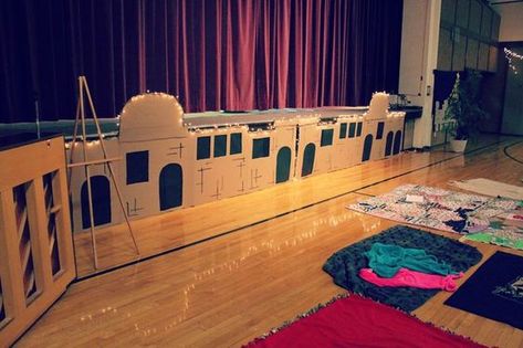 Bethlehem Stage Design, Bethlehem Cardboard Village, Night In Bethlehem Christmas Party, Nativity Play, Church Christmas Party, Ward Christmas Party, Bethlehem Christmas, Church Christmas Decorations, Christmas Stage