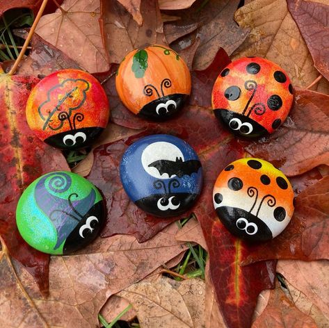 Tricia on Instagram: “Said goodbye to a couple bugs today. It was a bit overcast and there was a lovely chill in the air. Feels like Fall. Also started…” Bug Rocks, Painted Ladybug, Painted Crafts, Ladybug Rocks, Feels Like Fall, Painting Halloween, Halloween Rocks, Halloween Goodies, Lady Bugs