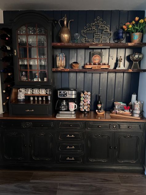 Cabinet Into Coffee Bar, Antique Coffee Bar, Coffee/wine Bar, Coffee Bar Ideas, Coffee Bar Design, Bar Inspiration, Home Coffee Stations, Wainscoting Panels, Coffee Bars In Kitchen