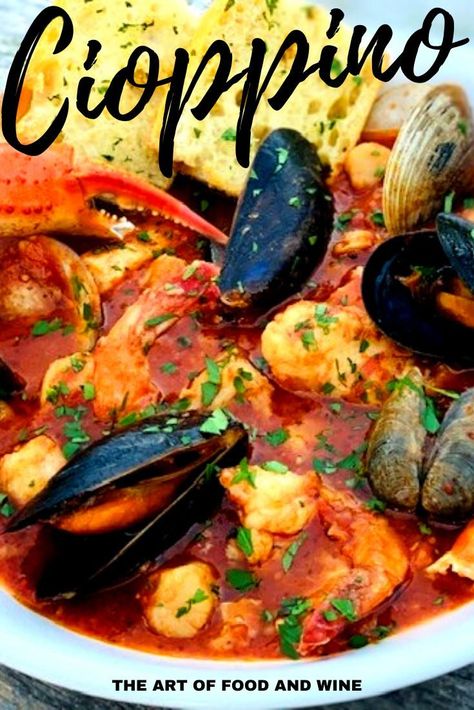 This Cioppino recipe is just like the San Francisco treat we all love. Full of fresh seafood! Step by step instructions is available on our website. #cioppino #seafoodstew #stew #cioppinorecipe #stewrecipe #sanfrancisco #dinner #dinnerrecipes #dinnersforacrowd #seafoodrecipe #cioppinoseafoodstew #cioppinostew Easy Cioppino Seafood Stew, Cioppino Recipe Italian, Spanish Seafood Stew, Italian Seafood Soup, Chapino Recipe Seafood Soup, Cippolini Seafood, Ciopinno Seafood Stew Cioppino Recipe, Ciapinno Recipe, Fall Seafood Dinner Ideas