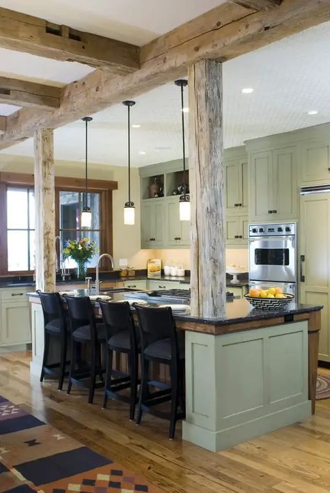 22 Brilliant Kitchen Islands With Stoves (Photo Gallery) – Home Awakening Rustic Farmhouse Kitchen Cabinets, Rustic Kitchen Lighting, Rustic Kitchen Island, Kabinet Dapur, Farmhouse Kitchen Cabinets, Rustic Kitchen Design, Rustic Farmhouse Kitchen, New Kitchen Cabinets, Kitchen And Dining Room