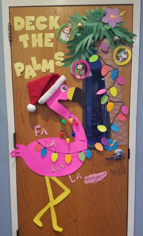 Hawaiian Themed Classroom Ideas, Tropical Outdoor Christmas Decorations, Christmas Cactus Door Decoration, Deck The Palms Christmas, Beach Christmas Office Decorations, Aloha Christmas Decorations, Christmas In July Bulletin Board, Christmas In July Work Ideas, Hawaiian Theme Classroom Door