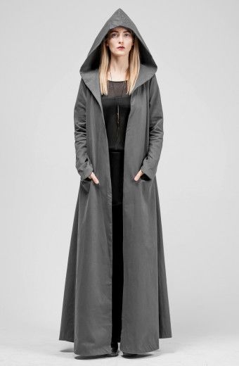 SKOGR JACKET Dramatic hood. Structured shoulders. Long fitted point sleeve. Open front. Asymmetrical pockets. Partially lined. Maxi length. Breathtaking fluidity. - See more at: http://www.sistersoftheblackmoon.com/products-page/shop-sotbm/skogr-jacket/#sthash.RlvehlcP.dpuf Witchy Hooded Winter Outerwear, Luxury Hooded Gothic Outerwear, Long Black Cloak With Hood, Gothic Black Hooded Cape, Witch Clothing, Midweight Long-sleeve Hooded Jacket With Adjustable Hood, Open Jacket, Grey Style, Style Coat