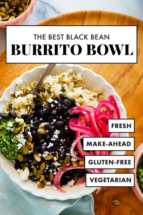 This homemade black bean burrito bowl recipe features cilantro-lime rice, tender black beans, pickled onions and fresh cilantro pesto! This healthy bowl makes great leftovers and it's vegetarian (easily vegan) and gluten free. #burritobowl #mexicanrecipe #healthy #vegetarian #vegan #glutenfree #cookieandkate Black Bean Burrito Bowl, Bean Burrito Bowl, Cilantro Lime Brown Rice, Burrito Bowl Recipe, Black Bean Burrito, Bean Burrito, Cookie And Kate, Healthy Bowl, Cilantro Pesto