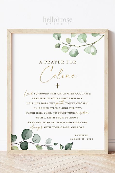 A Prayer for Child Printable for a Baptism, Christening or Baby Dedication. Printable Editable Template in a Minimalist design. Easy to Edit, Download and Print! #etsy #hellorosepaperie #templett #aprayerforchild #aprayerforboy #aprayerforgirl #baptismgiftidea #christeninggiftidea #babydedicationgiftidea #baptismdecor #baptismgiftforgirl #baptismgiftforboy #baptismsign #firstcommuniongift Catholic Baptism Party, Baby Dedication Decor, Baptism Prayer, Baby Dedication Party, Dinner Prayer, Burlap Baby Showers, Baby Dedication Gifts, Childrens Prayer, Catholic Baptism