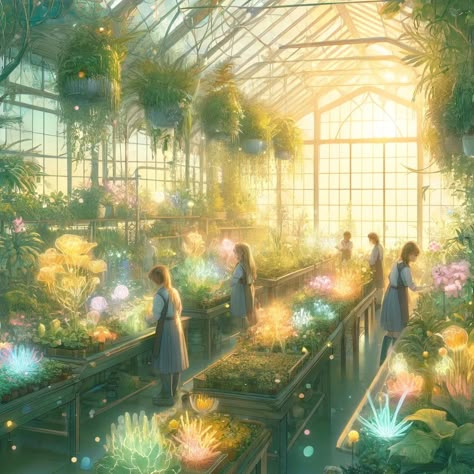 Magical Greenhouse Canvas Greenhouse Fantasy Art, Fantasy Academy Concept Art, Magical World Aesthetic, Fantasy World Design, Fantasy Schools, Dnd Strixhaven, Fantasy Greenhouse, Magical Greenhouse, Palia Ideas