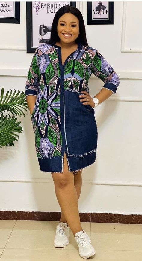 Jeans Dresses For Women African, Jeans Gown Styles For Ladies, Jean Gown Styles For Ladies, Kitenge Fashion For Pregnant Women, Ankara Shirt Dress, Ankara Dress Designs For Pregnant Women, African Shirt Dress, Long African Dresses, Short African Dresses