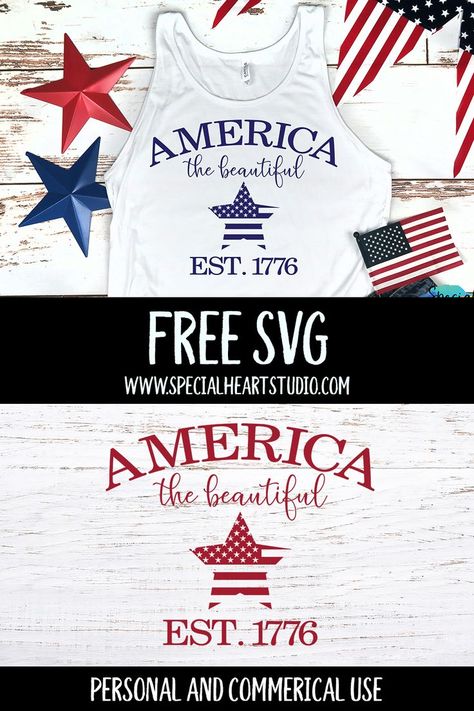 Free patriotic cut files to help you get ready for the Fourth of July. Use these designs to make shirts, tote bags, signs, pillows or other home decore with your Cricut or Silhouette machine. free | SVG | Cut File | patriotic | 4th of July | July Fourth | Cricut | Silhouette | free cut file | free svg Usa Svg Free, Fourth Of July Shirts Diy, Summer Svg Free, Fourth Of July Svg, Patriotic Designs, Cricut Svg Files Free, Cricut Explore Projects, July Fourth, Cricut Projects Beginner