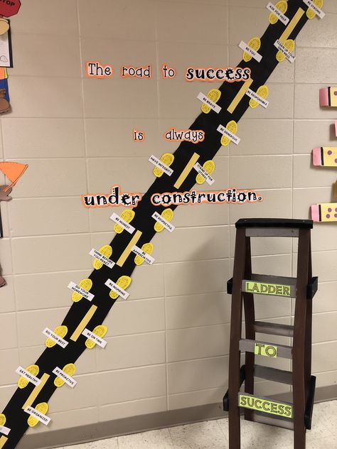 Construction classroom/hallway theme for fourth grade ; school decor; ladder to success; road to success; under construction Building Classroom Theme, Construction School Theme, Success Road, Construction Classroom, Sunflower Classroom, Construction Theme Classroom, Decor Ladder, Under Construction Theme, 2023 Decorations