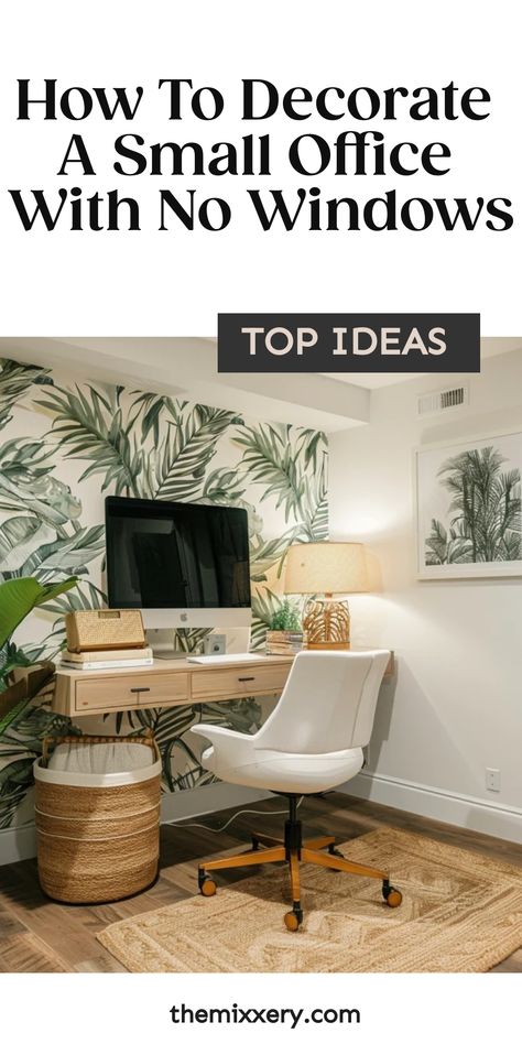 Small office decorated with tropical wallpaper, white desk with computer, ergonomic chair, and wicker plant basket. Small Room One Window Ideas, Small Room Without Windows Ideas, Small Office Ideas No Windows, No Window Office Decor, Office No Windows Ideas, Windowless Office Decor, Office Ideas No Windows, Small Windowless Office, Office Decor No Windows