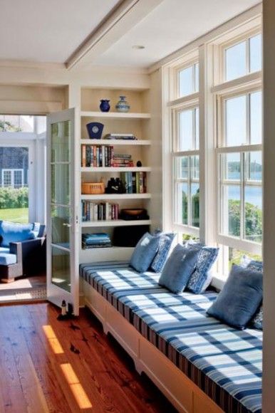 dee1309dooryard_house2 Big Houses Interior, Cozy Sunroom, Sitting Nook, Window Seat Design, Conversation Area, Window Bench, Window Seats, Nook Ideas, Window Benches