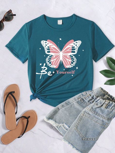 Girls' Casual Butterfly & Letter Printed Round Neck Short Sleeve T-shirtI discovered amazing products on SHEIN.com, come check them out! Girls T Shirts, High Top Shoes, Casual Girl, Girl Top, Girls Clothing, Teal Blue, Girls Tshirts, Letter Prints, All Fashion