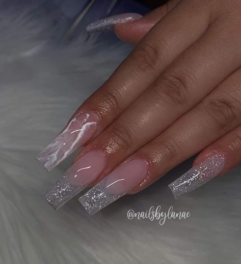 Pearl Pink French Tip Nails, Glittery French Tip Nails, Pearl French Tips, Glittery French Tips, Pink Glittery Nails, Glittery Acrylic Nails, Ombre French Tips, Light Pink Nails, Glittery Nails