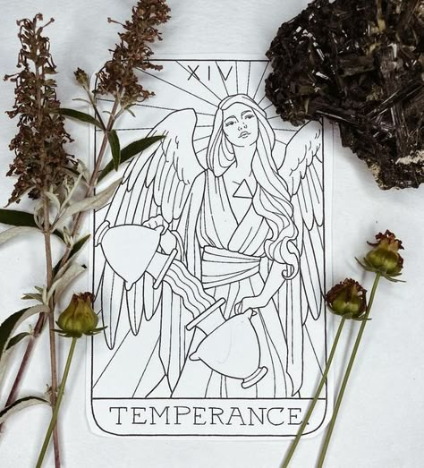 Tarot Card Tattoo Design Temperance, Temperance Tarot Drawing, Temperance Tattoo Ideas, Temperance Tarot Tattoo, Temperance Tattoo, Stoic Virtues, Sugar Skull Art Drawing, Temperance Tarot Card, Temperance Tarot