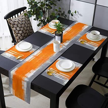 Dining Table Mats, Dining Table Runner, Table Mats Ideas, Placemats Ideas Dining Rooms, Orange Placemats, Glass Dining Room Table, Dining Mats, Dinning Set, Table Runner And Placemats