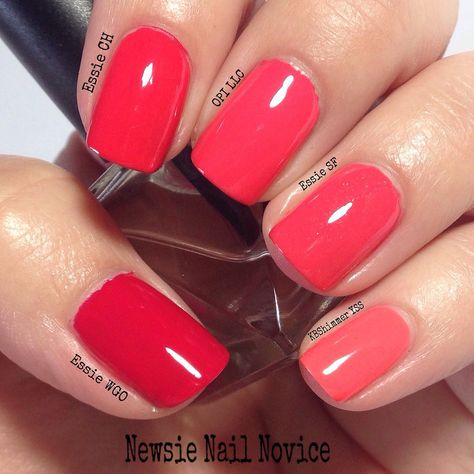 Nail Polish Coral, Essie Coral Nail Polish, Opi Pink Coral Nail Polish, Spring Nails 2023 Gel Coral, Essie Watermelon Nail Polish, Summer Nail Colors For Pale Skin Red Hair, Best Coral Nail Polish, Coral Nail Polish Colors, Coral Biab Nails