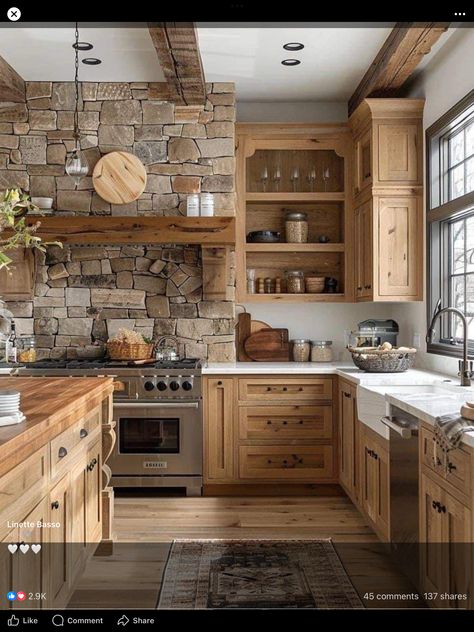 Rustic Hickory Kitchen Cabinets, Rustic Hickory Kitchen, Rustic Hickory Cabinets, Kitchen Cabinets And Backsplash, Hickory Kitchen Cabinets, Hickory Kitchen, Stone Backsplash Kitchen, Farmhouse Kitchen Inspiration, Hickory Cabinets