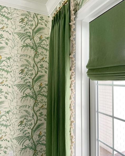 Decorating With Tassels Ideas, Roman Shades With Drapes, Green Roman Shades, Brunswig And Fils, Green Grasscloth Wallpaper Dining Room, Quadrille Wallpaper Dining Room, Green Wallpaper Bedroom, Bird And Thistle Wallpaper Dining Room, Bird And Thistle Wallpaper