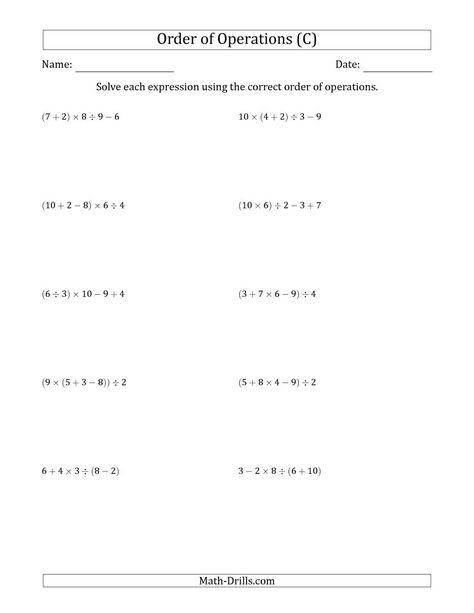 The Order of Operations with Whole Numbers and No Exponents (Four Steps) (C) Math Worksheet from the Order of Operations Worksheets Page at Math-Drills.com. Daycare Worksheets, 10th Grade Math Worksheets, Pemdas Worksheets, 10th Grade Math, Grade 6 Math Worksheets, Math Multiplication Worksheets, Exponent Worksheets, Decimals Worksheets, Math Drills