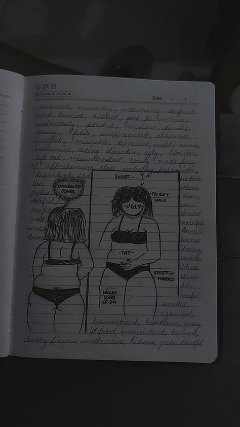 Insecurities|fatphobic|mentalhealth|bullying Insecurity Doodles, Drawings About A Breakup, Body Insecure Draws, Venting Drawing Ideas, Fear Of Gaining Weight Drawing, Insecure Draw, Drawing How I Feel, "help Me" Drawings, Emotions Sketch Feelings