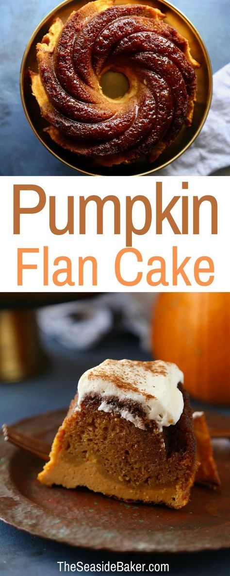 The perfect fall dessert! | This Pumpkin Flan Cake boasts a moist pumpkin cake and a custardy pumpkin spiced flan topped with caramel cooked sugar - two desserts in one! | #pumpkinrecipes #flan #pumpkincake | See this and other delicious recipes at TheSeasideBaker.com Pumpkin Flan Cake Recipe, Custard Flan, Moist Pumpkin Cake, Pumpkin Flan, Flan Dessert, Flan Cake, Pumpkin Delight, Pumpkin Custard, Pumpkin Cake Recipes