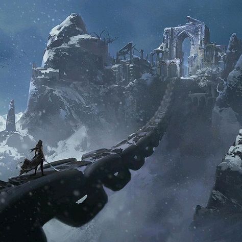 Chain bridge | Holy city in the snow | Mountain, warrior, fighter, journey | Fantasy places art 다크 판타지, Fantasy City, Fantasy Setting, Fantasy Places, Fantasy Art Landscapes, Fantasy Concept Art, Arte Fantasy, Fantasy Rpg, Environment Design