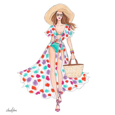 Sarah Jane on Instagram: “Big hat? Check. Bikini? Check. Beach essentials packed in perfect beach bag. Double check ” Perfect Beach Bag, Fashion Figure Drawing, Mens Fashion Illustration, Beach Wear Outfits, Big Hat, Fashion Illustration Dresses, Sarah Jane, Fashion Illustration Sketches, Beachwear Fashion