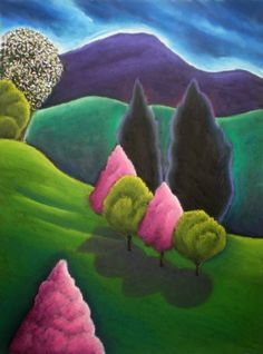 Naive Painting, Arte Folk, Art Quilling, Landscape Quilts, Pink Trees, Naive Art, Folk Art Painting, Whimsical Art, Art Abstrait