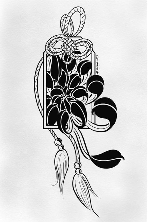 Japanese Flowers Design, Japanese Inspired Drawings, Omamori Tattoo Design Black, Omamori Drawing, Japanese Omamori Tattoo, Omamori Illustration, Omamori Design, Japanese Tattoo Simple, Japanese Blackwork Tattoo