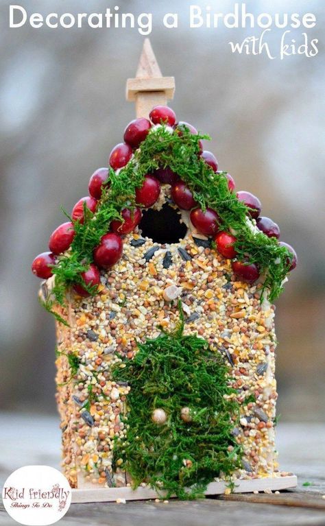 Decorating Birdhouses with kids is fun and easy to do. I have a simple DIY birdseed glue recipe to share with you. Great craft for winter, and fairy parties. Great gift for Mother's Day, Father's Day and Christmas! www.kidfriendlythingstodo.com #simplebirdhouse Bird Seed Crafts, Edible Birdhouse, Glue Recipe, Seed Craft, Bird Seed Ornaments, Snow Play, Fun Winter Crafts, Beautiful Birdhouses, Homemade Bird Feeders