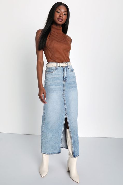 College Summer Outfit, Capsule 2023, Jean Maxi Skirt, Jean Skirt Fashion, Curvy Summer Outfits, Maxi Skirt Blue, Denim Culottes, Summer Outfits Curvy, College Outfits Summer