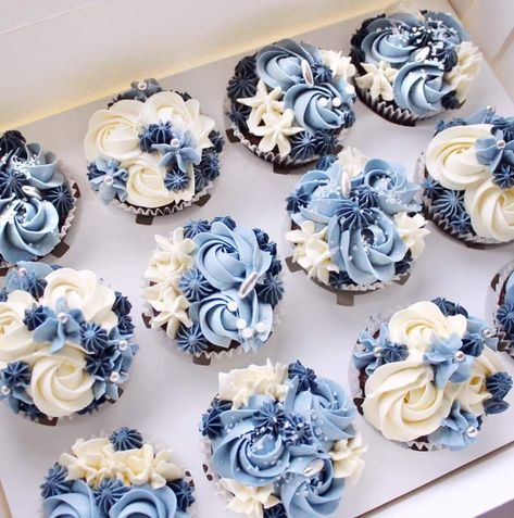 Macaroon Decoration Ideas, Something Blue Bridal Shower Cupcakes, Small Wedding Cakes Dusty Blue, Dusty Blue Birthday Cake, Hues Of Blue Wedding, Wedding Cupcake Decorations, Cupcakes Ideas Aesthetic, Dusty Blue Wedding Cake With Cupcakes, Blue And Grey Wedding Cake