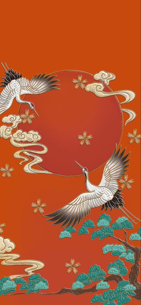 Chinese Crane, Widget Background, Chinese Ornament, Chinese Background, Chinese Illustration, Japanese New Year, Japanese Wall Art, Crane Bird, New Years Background