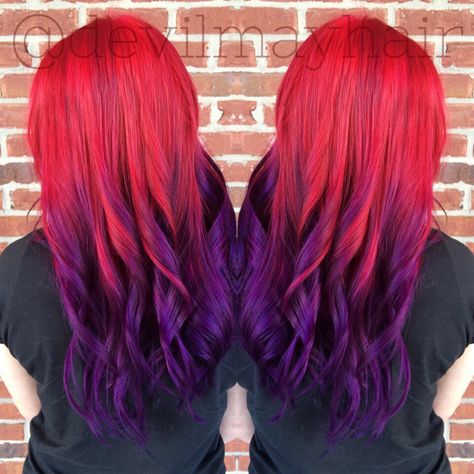 Red to purple sunset hair ombré, done using Pravana Vivids. Red And Purple Hair Color, Purple To Red Hair, Red Hair With Purple Tips, Red And Purple Hair Color Ideas, Red To Purple Hair, Red Roots Purple Hair, Purple And Red Hair Ombre, Sunset Hair Ombre, Red Purple Ombre Hair