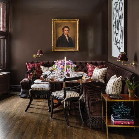 A Half Banquette Will Turn Any Spot of Your Home Into a Corner Bistro Cece Barfield, Pretty Interiors, Banquette Ideas, Brown Dining Room, Moody Decor, Manhattan Apartment, Black Dining Chairs, Banquette Seating, Brown Walls